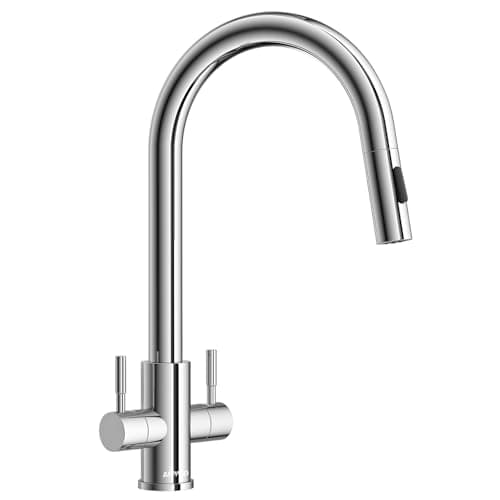 Image of APPASO Kitchen Tap Dual Lever, WRAS Certified Hoses, Polished Chrome 2 Handles Monobloc Kitchen Mixer Taps 1 Hole with Pull Out Sprayer 2 Modes 360°Swivel, High Arch Mono Sink Faucet Twin Lever