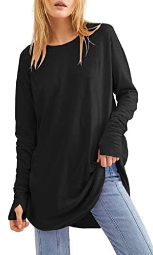 Image of Ebifin Long Sleeve Tops Womens Long Jumpers Crewneck Tunic Tops Loose Fit Sweatshirts with Thumb Holes.Black.L