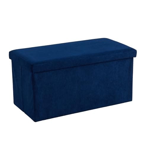 Image of Home Source Large Folding Ottoman Corduroy Fabric Storage Chest, Blue, 76cm Rectangle