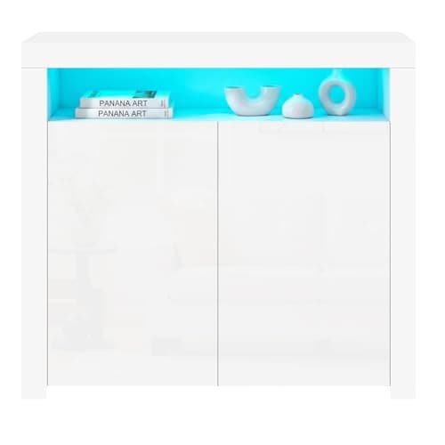 Image of Panana 2 Door Modern LED Sideboard Matt Body and High Gloss Fronts, Cabinet Cupboard Unit with Multicolor LED Light, 107 cm *35 cm *97 cm (White)