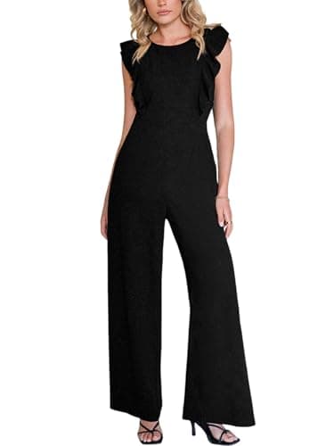 Image of CUPSHE Womens Jumpsuit Round Neck Flutter Sleeve Overall Backless Long Wide Leg Casual Elegant Playsuit Black M