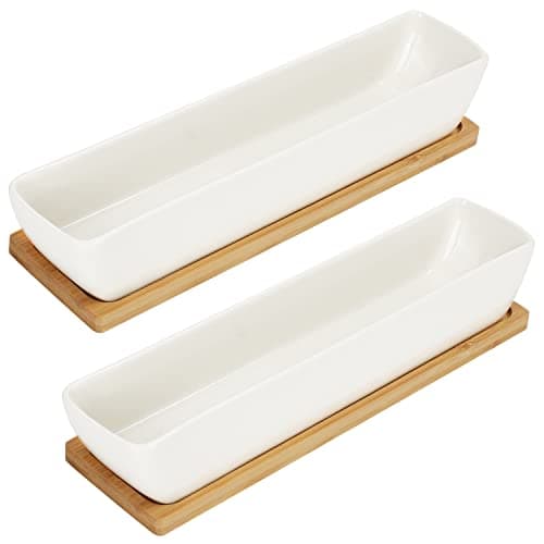 Image of BELLE VOUS White Ceramic Rectangular Succulent Pots with Bamboo Trays (2 Pack) - L24 x W5.5 x H4cm/9.45 x 2.16 x 1.57 Inches - Indoor/Outdoor Planters for Home, Office & Desk/Table