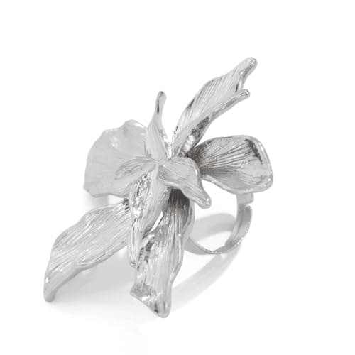 Image of BSLVWG Metal Flower Open Statement Ring for Women Girls Gold Plated Cubic Zirconia Big Floral Adjustable Wrap Finger Rings Band Expandable Finger Band Dainty Jewelry Gifts for Women (Flower, Silver)