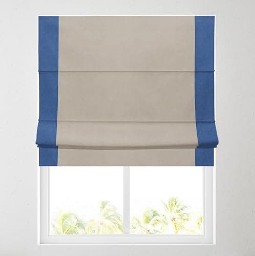 Image of Soft Textured Ara Bordered Roman Blinds - Durable Fittings Easy Fit (Natural/Classic Blue 61cm)