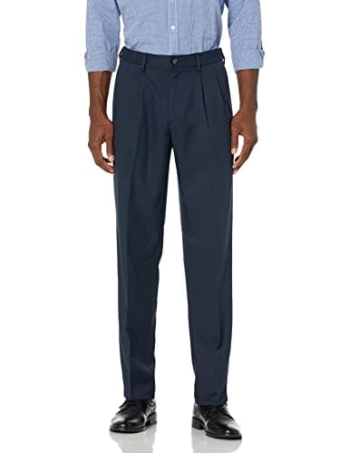 Image of Amazon Essentials Men's Classic Fit Formal Expandable-Waist Pleated Dress Suit Trousers, Navy, 38W / 32L