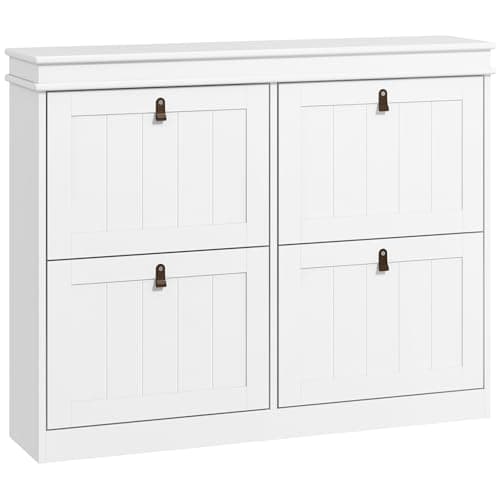 Image of HOMCOM Shoe Cabinet with 4 Drop-Down Drawers, Modern Slim Shoe Storage Cabinet with Adjustable Shelves for Hallway, Holds 16-20 Pairs, White