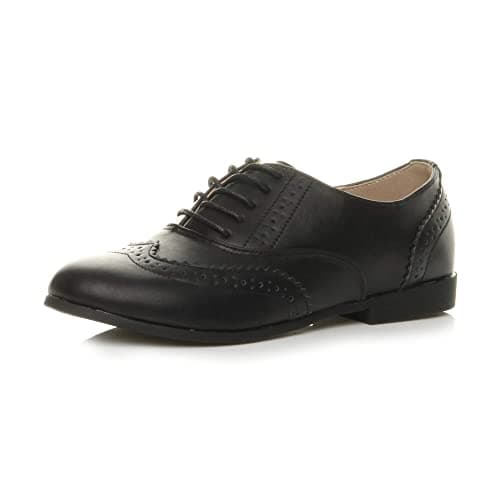 Image of Ajvani Womens Ladies Flat Low Heel lace up Smart Vintage Oxford Shoes Brogues, Black Matte, 5 UK