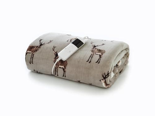 Image of Deyongs Sterling Stag Heated Throw 140x180cm – Mocha | Electric Heated Blanket with Flannel & Sherpa | Reindeer Print Fleece Throw | Machine Washable | Soft Cozy Winter Blanket