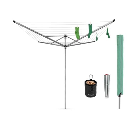 Image of Brabantia - Lift-O-Matic - 50M of Clothes Line - Adjustable in Height - UV-Resistant & Non-Slip Lining - Umbrella System - with Ground Spike 45 mm & Cover - Metallic Grey