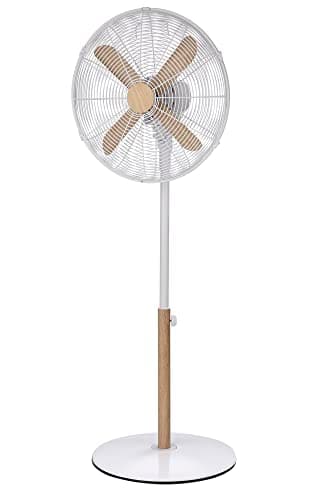 Image of Russell Hobbs RHMPF1601WDW 16" Scandi Electric Pedestal Fan, Tall Standing Fan, 1m to 1.25m Height, 3 Speed Settings, Oscillating Fan & Adjustable Tilt, 60W, White and Wood Effect