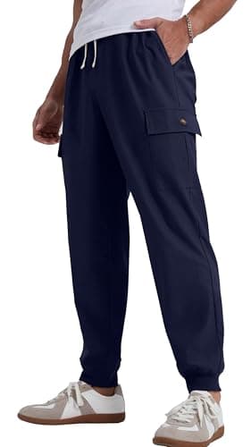 Image of Hisir Mens Work Trousers Adjustable Waist Band Drawstring with 5 Pockets for Workout Fitness Jogging (Navy Blue, XL)