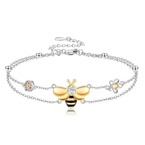 Image of DAYLINLOVE Bee Bracelet 925 Sterling Silver Flower Double Layered Chain Link Bracelets Bee Jewellery Gifts for Women Girls