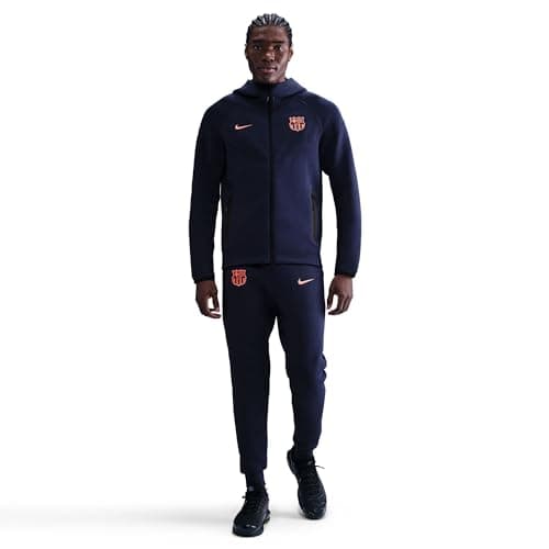 Image of FC Barcelona Tech Windrunner Nike Total 90 Football Fleece Hoodie for Men, Midnight Navy/Bright Mango, HQ1829-411, S