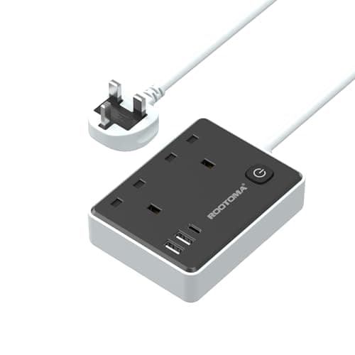 Image of Black Extension Lead 1M with 3 USB Slots (1 USB C), 2 Gang Short Extension Lead with Switch, Small Power Strip for Travel Home Bedroom Kitchen Office, Surge Protected, Black