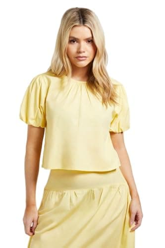 Image of Dorothy Perkins Bow Back Puff Sleeve Poplin Top, 10, Lemon