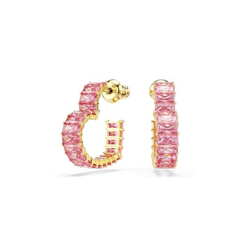 Image of Swarovski Matrix Small Hoop Earrings, Heart Motif with Pink Baguette-Cut Crystals in a Gold-Tone Finished Setting, Part of the Swarovski Matrix Collection