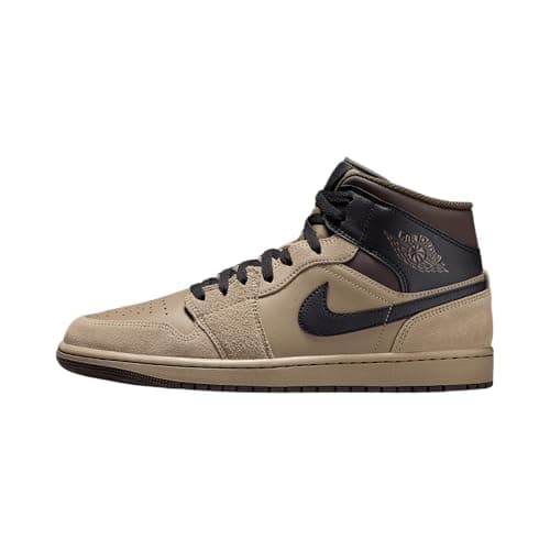 Image of Air Jordan 1 Mid Men's Shoes (HV6422-200, Khaki/Baroque Brown/Gum Light Brown/Black), Khaki/Baroque Brown/Gum Light Brown/Black, 8.5 UK