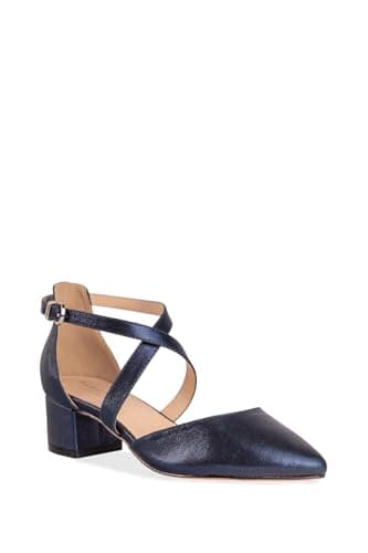 Image of Paradox London Fran Wide Fit Court Shoes, Shimmer Block Heel, Pointed Toe with Cross Strap, 4cm Heel (Navy, UK Footwear Size System, Adult, Women, Numeric, Wide, 9)