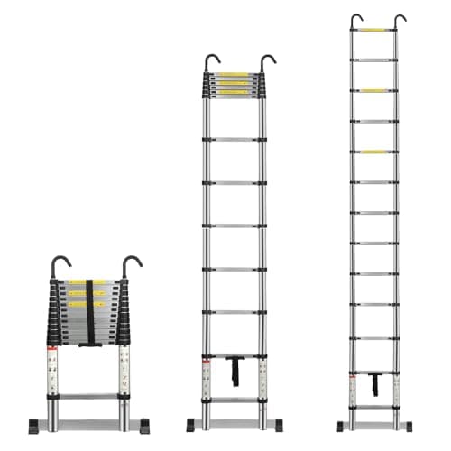 Image of Multibao Telescopic Ladder 3.8M 12.5FT Aluminium Extension Loft Ladder with Stabilizer Bar and Detachable Hooks, Multi Purpose Extendable Portable Folding Ladders, EN131 (3.8M/12.5FT)