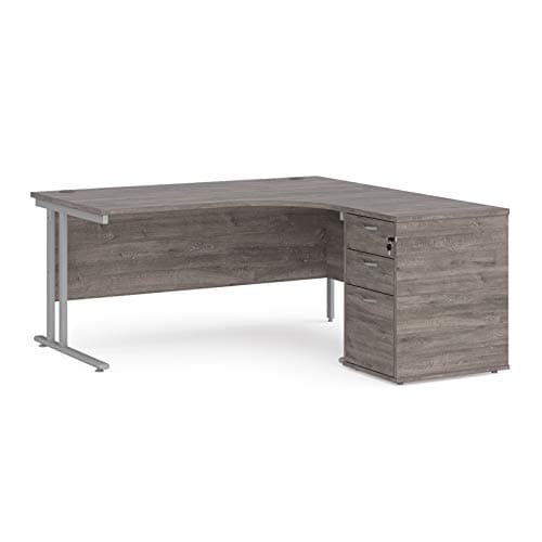 Image of Mr Office Maestro 25 right hand ergonomic desk with silver cantilever frame and desk high pedestal bundle, Grey oak, 1600