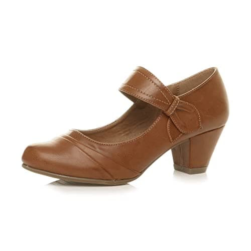Image of Ajvani Womens Ladies mid Heel Mary Jane Strap Smart Work Comfort Court Shoes, Tan Matte, 8 UK