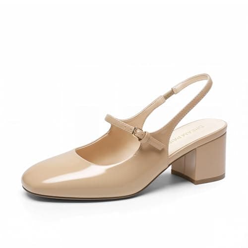 Image of DREAM PAIRS Women's Mary Jane Low Chunky Heels Slingback Closed Square Toe Dress Shoes Wedding Party Work Office Pumps Shoes,Size 7,Nude,SDPU26005W