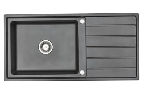 Image of RUMO Square Edge Black Anthracite Nano Coated Stainless Steel Kitchen Sink 1.0 One Single Large Deep Bowl Reversible Includes Waste Kit (RUMO 10050RB Square Edge)