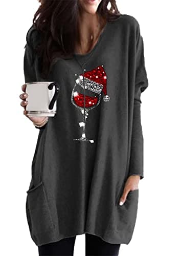 Image of YMING Women Long Sleeve Jumpers Christmas Sweatshirts Wine Cup Printed O-Neck Jumpers Grey 3XL