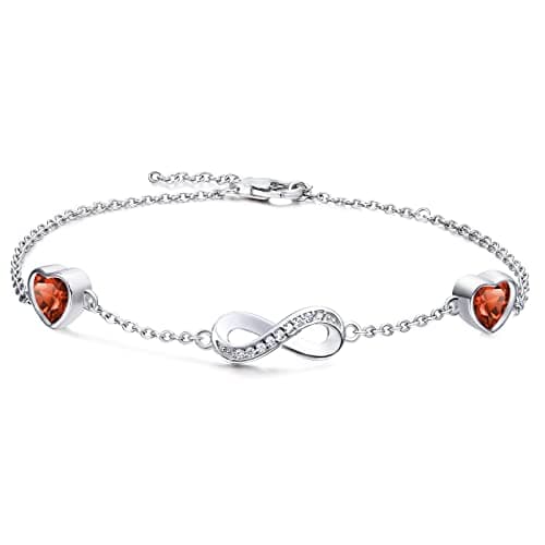 Image of Qings Ruby July Birthstone Bracelet for Women 925 Sterling Silver Infinity Bracelets with 2 Moonstone Heart Cubic Zirconia Charms Christmas Birthday Birthstone Jewellery Gift for Girls Mother Friend