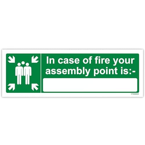 Image of V Safety 17026AX-R In Case Of Fire Your Assembly Point Is: Sign - Landscape - 300mm x 100mm - 1mm Rigid Plastic, Green
