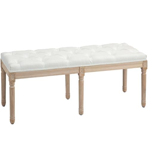 Image of HOMCOM 117cm Bedroom End of Bed Bench, French Vintage Bench with Wood Legs, Thick Padding and Button Tufting for Entryway, Living Room, Bedroom, Cream White
