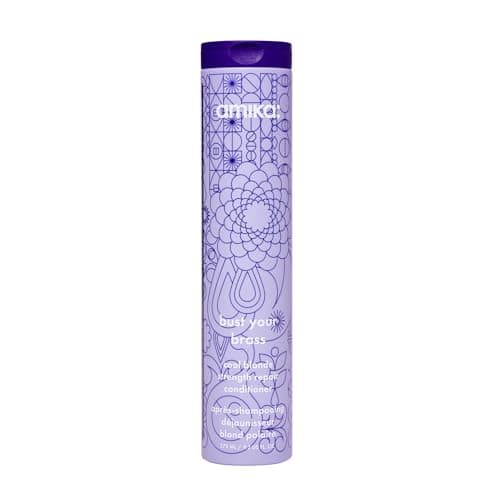 Image of amika bust your brass cool blonde strength repair hair conditioner - hydrating + strengthening toning purple conditioner for blondes, silvers + grays - helps reduce breakage (275 ml)