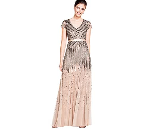 Image of Adrianna Papell womens092868950Long Beaded V-Neck Dress with Cap Sleeves and Waistband Short-Sleeve Dress - Beige - 8 UK