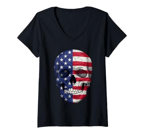 Image of Women's American Flag Skull Patriotic USA Vintage 4th of July V-Neck T-Shirt