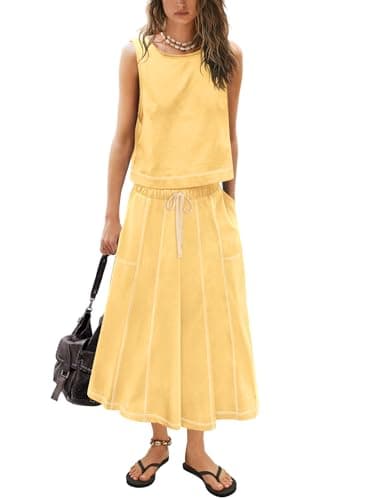 Image of Yanekop Womens Skirt Sets 2 Piece Outfits Casual Summer Sets Vacation Matching Lounge Set Midi Skirt and Top Set 2025, Yellow, L