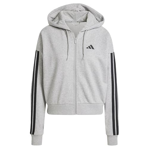 Image of adidas Women's ESSENTIALS 3-STRIPES FRENCH TERRY FULL ZIP HOODIE, Medium Grey Heather/Black, M