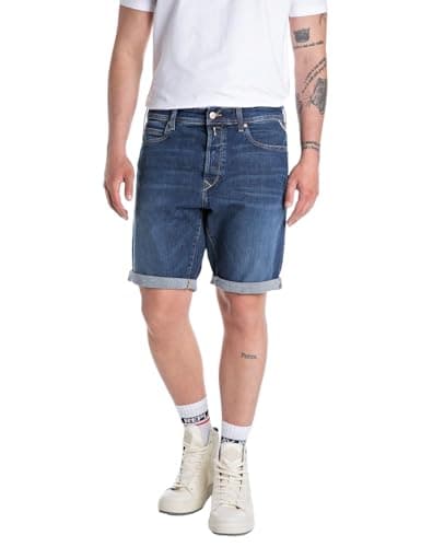 Image of Replay RBJ.981 Men's Shorts - Tapered Fit - Blue Black Beige W29-W40, 573 840-007 Dark Blue, 36W