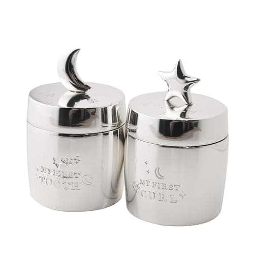 Image of Widdop Bambino Silver Plated Barrel Shaped Tooth and Curl Keepsake Boxes with Beautiful Gift Box and Pouch - Star and Moon Design - First Tooth Keepsake Baby Newborn First Curl