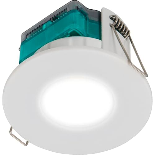 Image of Luceco LED Flat Downlight, Warm White Light Colour Temperature, Fire Rated, Dimmable, Spotlight for Bathrooms and Kitchens, FType Essence, White, IP65, 5W, 550lm, 4000K, EFT5W40
