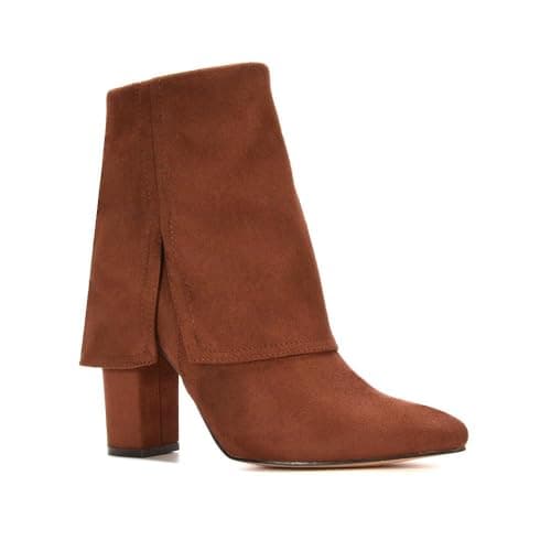 Image of ESSEX GLAM Women's Layered Details Ankle Boots Ladies Brown Faux Suede Pointed Toe Block Heel Shoe Booties Size 3