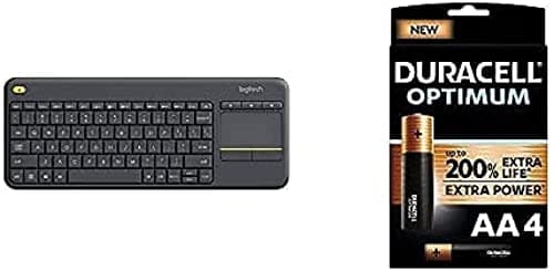 Image of Logitech K400 Plus Wireless Livingroom Keyboard, QWERTY Spanish Layout - Black+Duracell NEW Optimum AA Alkaline Batteries [Pack of 4] 1.5 V LR6 MX1500