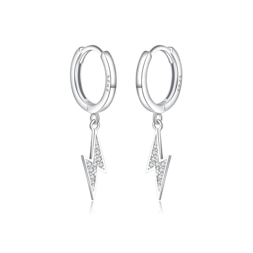 Image of Reffeer 925 Sterling Silver Lightning Bolt Drop Hoop Earrings for Women Earrings CZ Lightning Bolt Earrings Hoops (A-Silver)