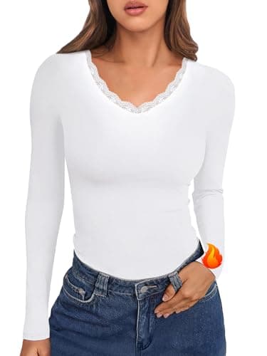 Image of Crewhpo Womens Thermal Tops Long Sleeve Thermal Vest Lace V Neck Base Layer Lightweight Thermal Underwear Shirt Slim Fit