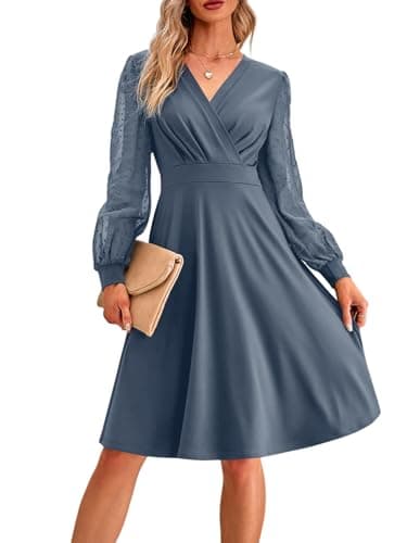 Image of MAYFASEY Women's Casual Knee Length Dress V Neck Mesh Sleeve A Line High Waist Midi Dress Ladies Retro Cocktail Party Pleated Dresses, Blue Grey, XL