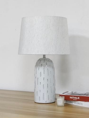 Image of Modern Ceramic Table Lamp in a Soft White Base Finish with a Natural Linen Shade – 61.5cm | Modern Glazed Base with Linen Shade