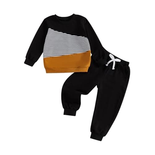 Image of Carolilly Toddler Baby Boys Outfits Long Sleeve Contrast Striped Sweatshirts Tshirt Pullover + Elastic Waist Pants 2Pcs Tracksuit Kids Boys Clothes Set (Black, 2-3 Years)