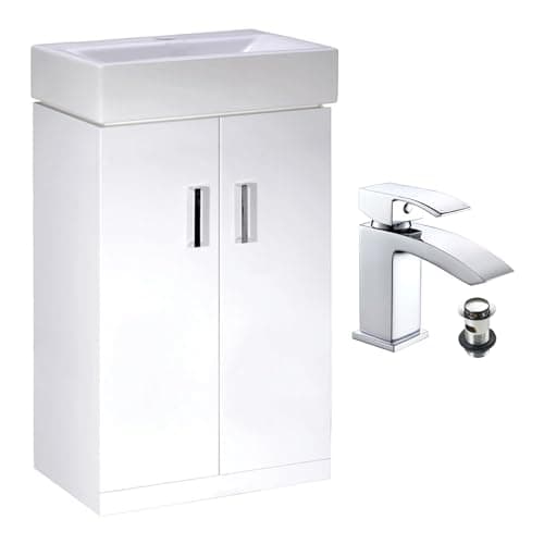 Image of The Home Store 450mm White Gloss Cloakroom Vanity Unit - Compact Bathroom Sink Cabinet with Soft-Close Doors Storage Shelf & Ceramic Basin - Included Chrome Waterfall Tap & Waste