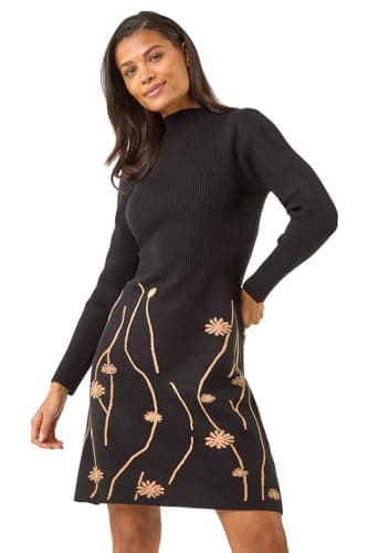 Image of Roman Originals Ribbed Knit Floral Stretch Dress for Women UK - Ladies Everyday Autumn Winter Turtle Neckline Comfy Soft Evening Vacation Work Party Night Out - Black - Size 16