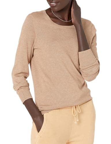 Image of Amazon Essentials Women's Long-Sleeve Lightweight Crewneck Jumper (Available in Plus Size), Camel Heather, M