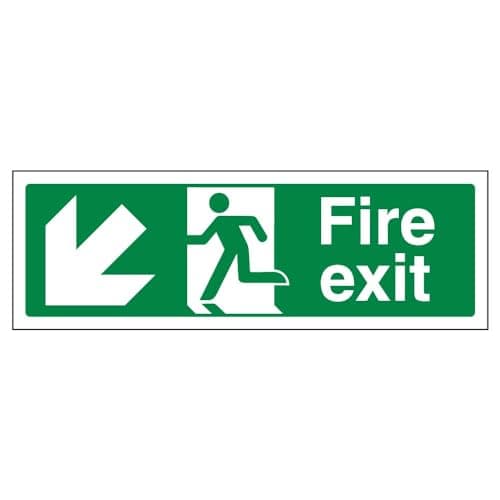 Image of V Safety Fire Exit Arrow Down Left Sign - Landscape - 300mm x 100mm - 2mm Rigid Plastic